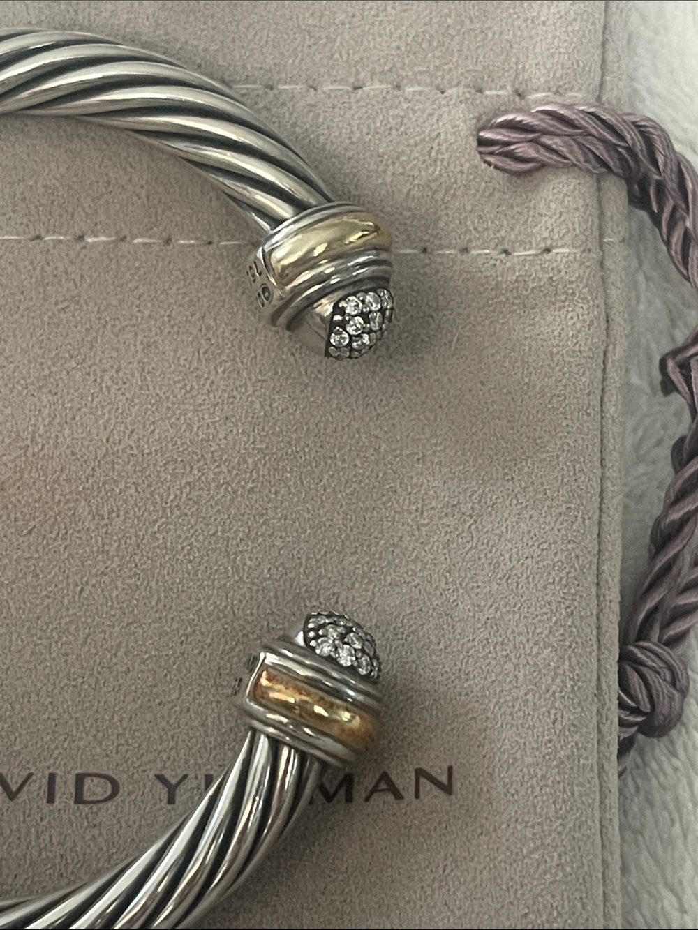 David Yurman Sterling Cable Bracelet with Yellow Gold and Diamond Terminals - Picture 3 of 6